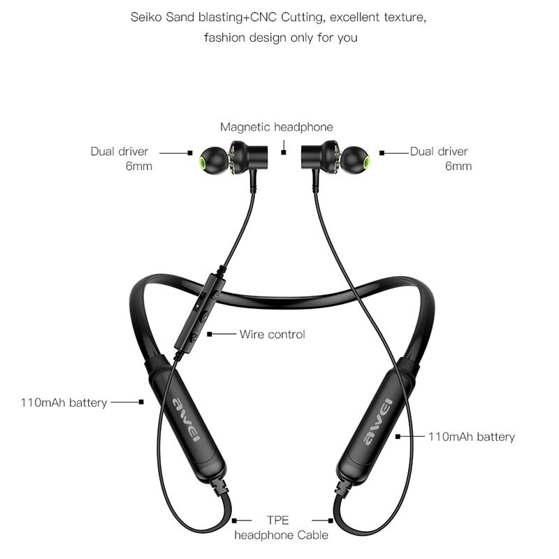 AWEI G20BLS/G20BL/G30BL Wireless Bluetooth Kopfhörer Kopfhörer Mit Mikrofon Dual Fahrer Noise Stornieren Sport Headset 3D Bass