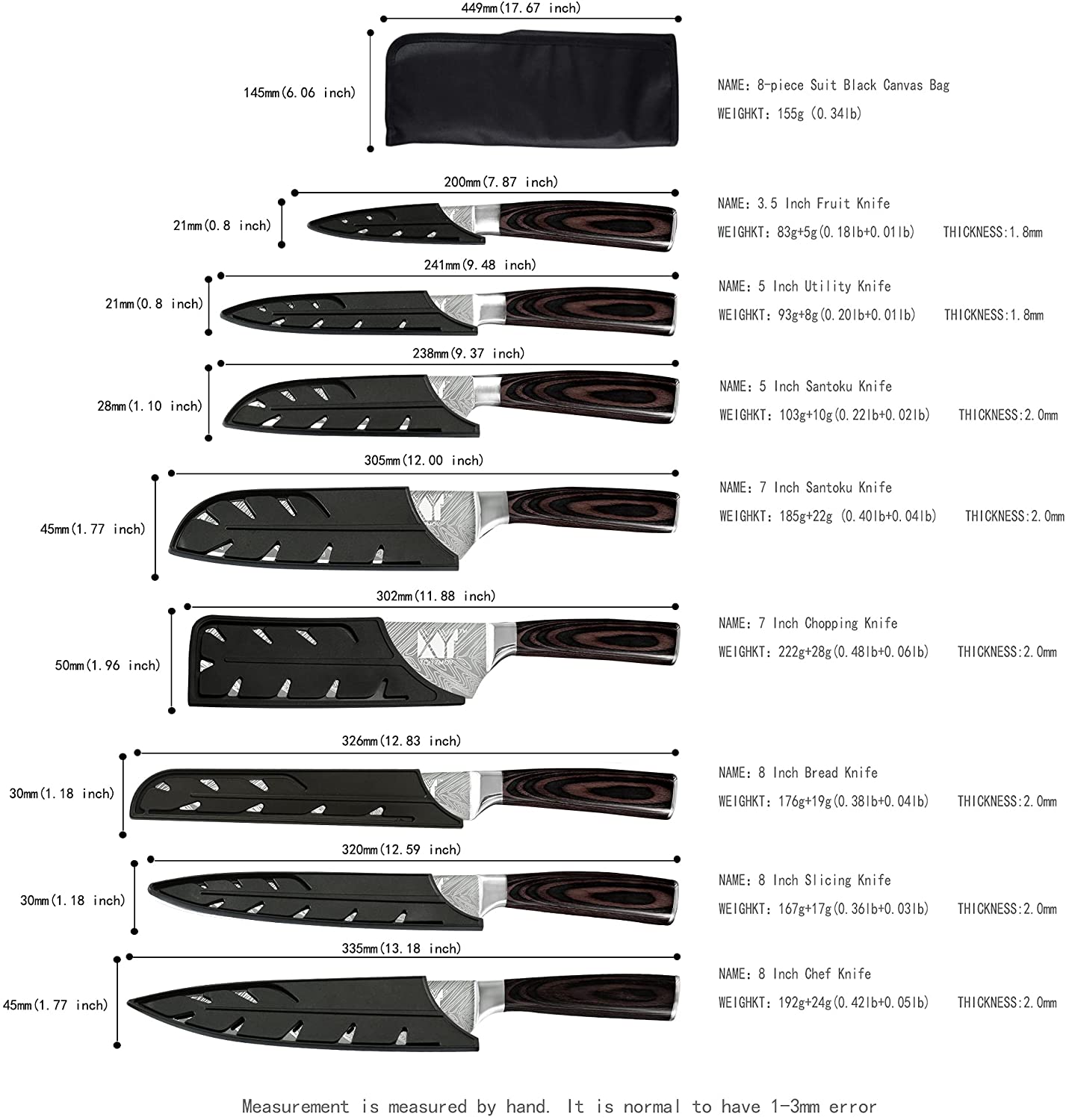 XYj Damascus Pattern Veins Blade Chef Knives Set Stainless Steel Wood Handle Bread Slicing Santoku Utility Knife Cover Sheath