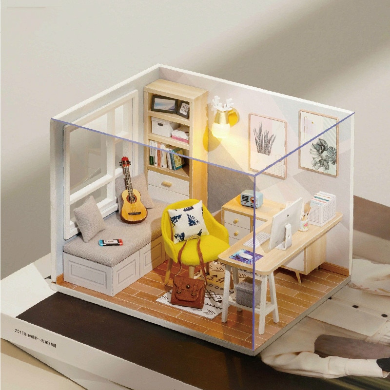 Freies Staub Abdeckung Mini Puppe Haus Diy Holz Haus Miniaturen Kit Kinder Puppenhaus Zubehör Poppenhuis Bett Maquette Maison