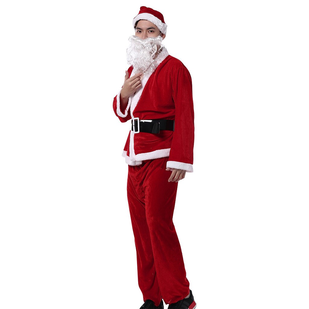 Moda masculina natal papai noel traje vermelho longo mangas compridas com decote em v natal tops + calças + cinto + chapéu bigode cosplay roupas conjunto # g3: XXL