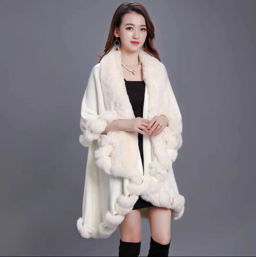 Cárdigan con cuello de piel de conejo sintética para mujer, de 2 capas capa larga, Poncho cálido y suelto, abrigo de invierno, 10 colores: Blanco