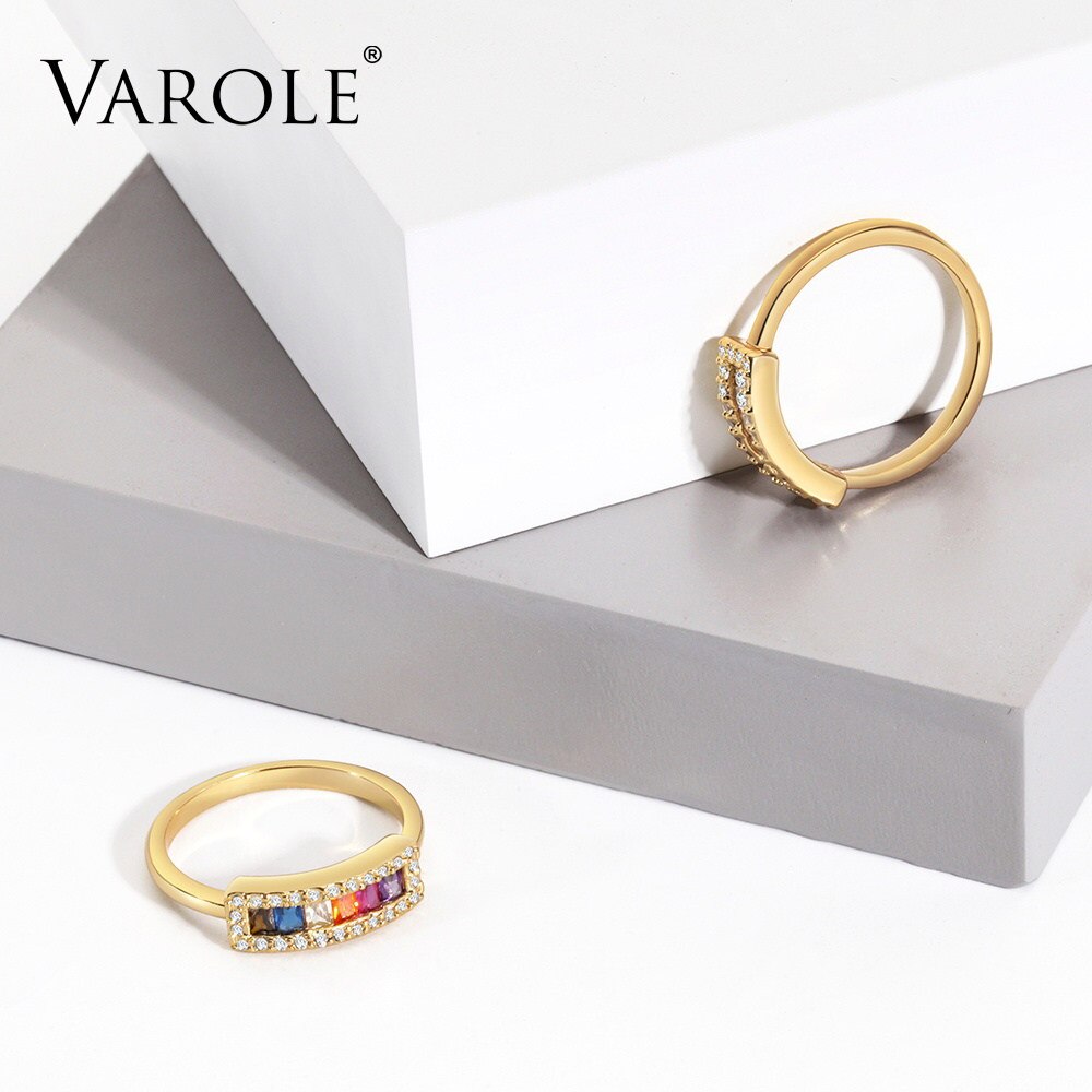 VAROLE Colorful Crystal Rings For Women Gold Color Lady Ring Jewelry Anillos Mujer