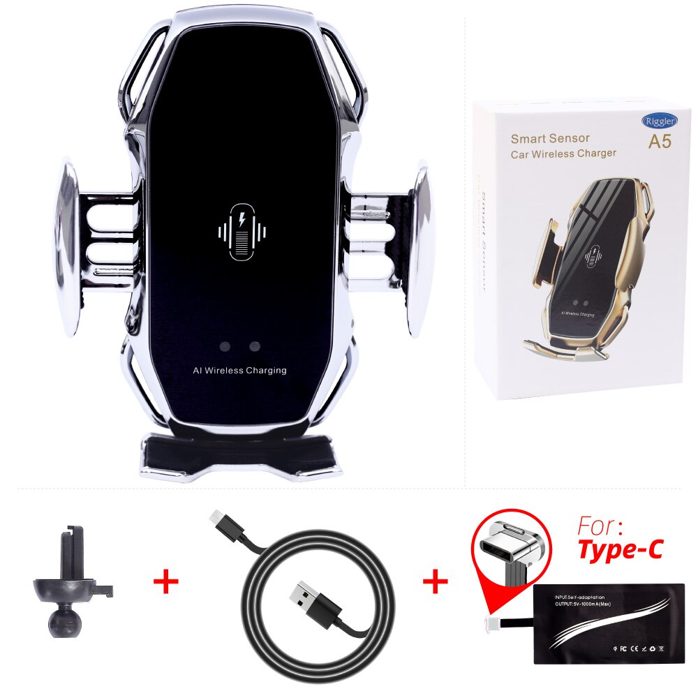 10W Car Wireless Phone Charger Automatic Clamp Charge Tough Glass Panel Holder foriphone 11pro 11 XS forHuawei Mate30pro P30pro: Silver typeC