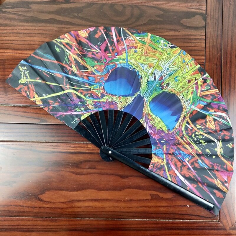 1Pc Grote Folding Hand Fan Vouw Dot Regenboog Print Zwarte Bamboe Festival Handheld Ventilator Voor: H07