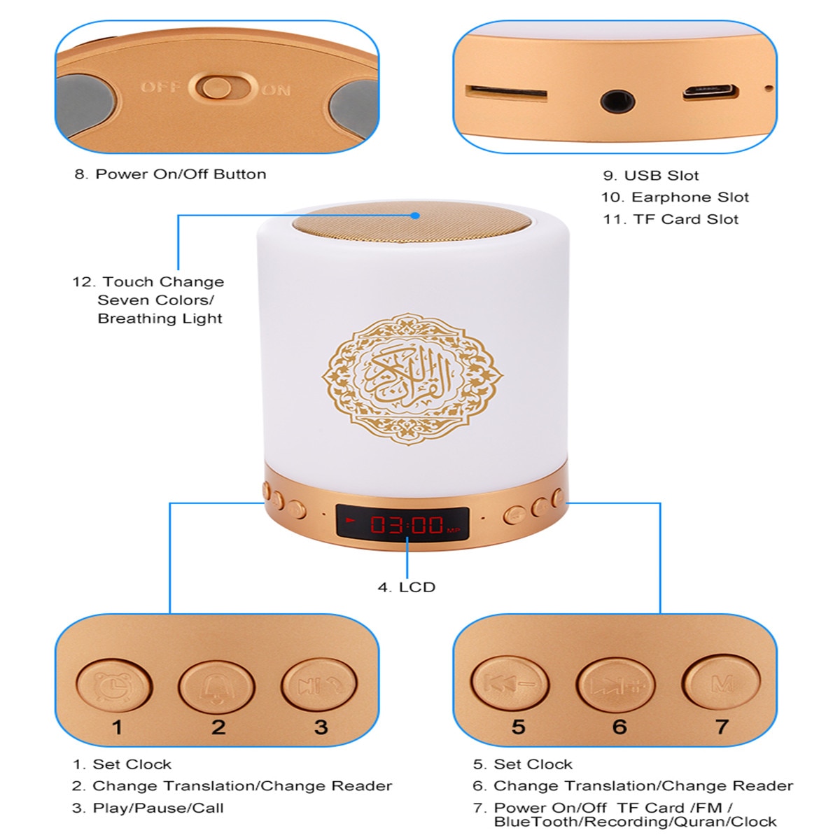 Koranen touch lampa bärbar färgglad fjärrkontroll liten led nattlampa koran koran reciter muslim trådlös bluetooth högtalare