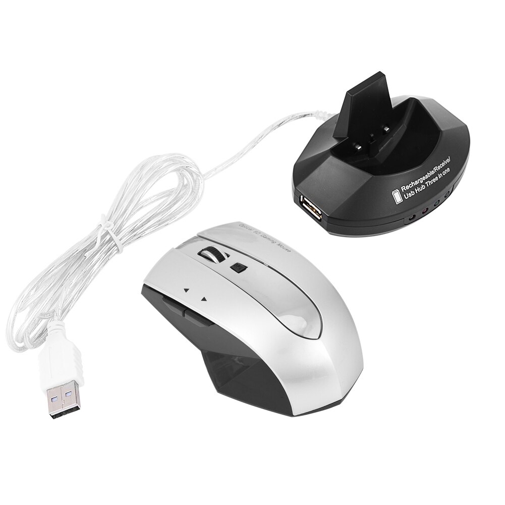 Wireless 2.4GHz Rechargeable Wireless Optical Mouse Gaming Mice w/ Charging Dock Stand USB Hub: Silver