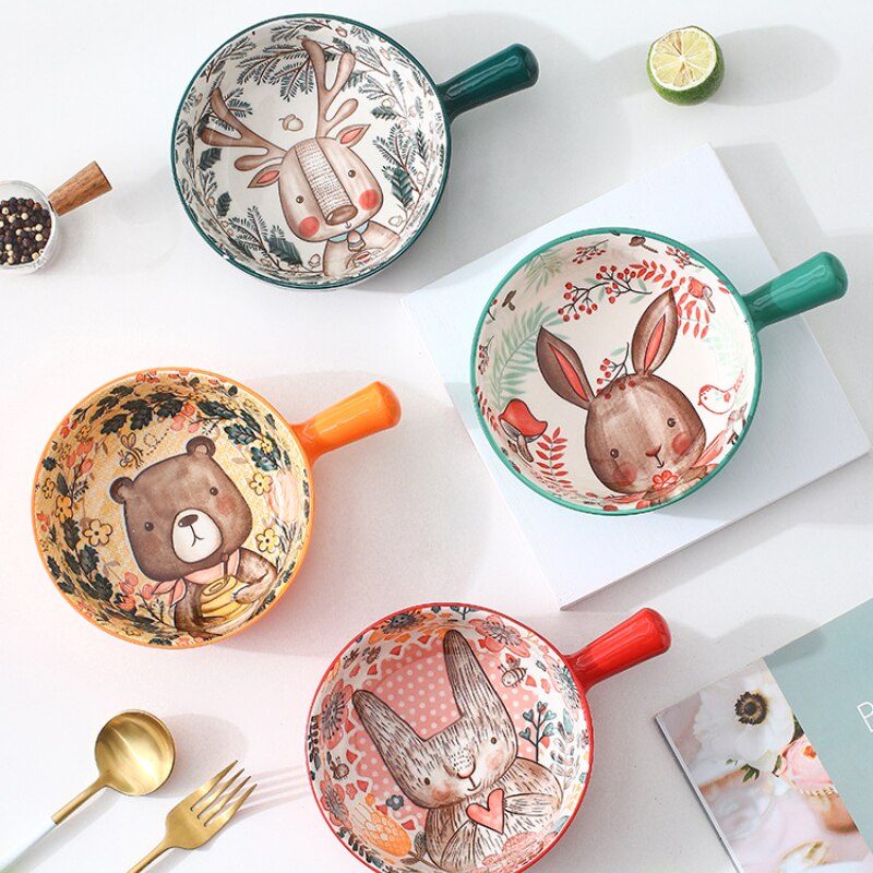 Cartoon Handle Bowl Household Fruit Salad Bowl Tableware Cute Animals Instant Noodle Bowl Ceramic Baking Bowl