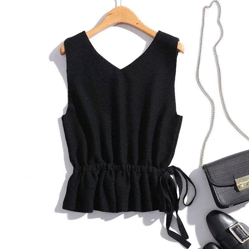 2020 mais recente estilo primavera verão outono feminino selvagem decote em v sem mangas de malha intelectual cordão camisola colete sólido: Black-csMJ / L