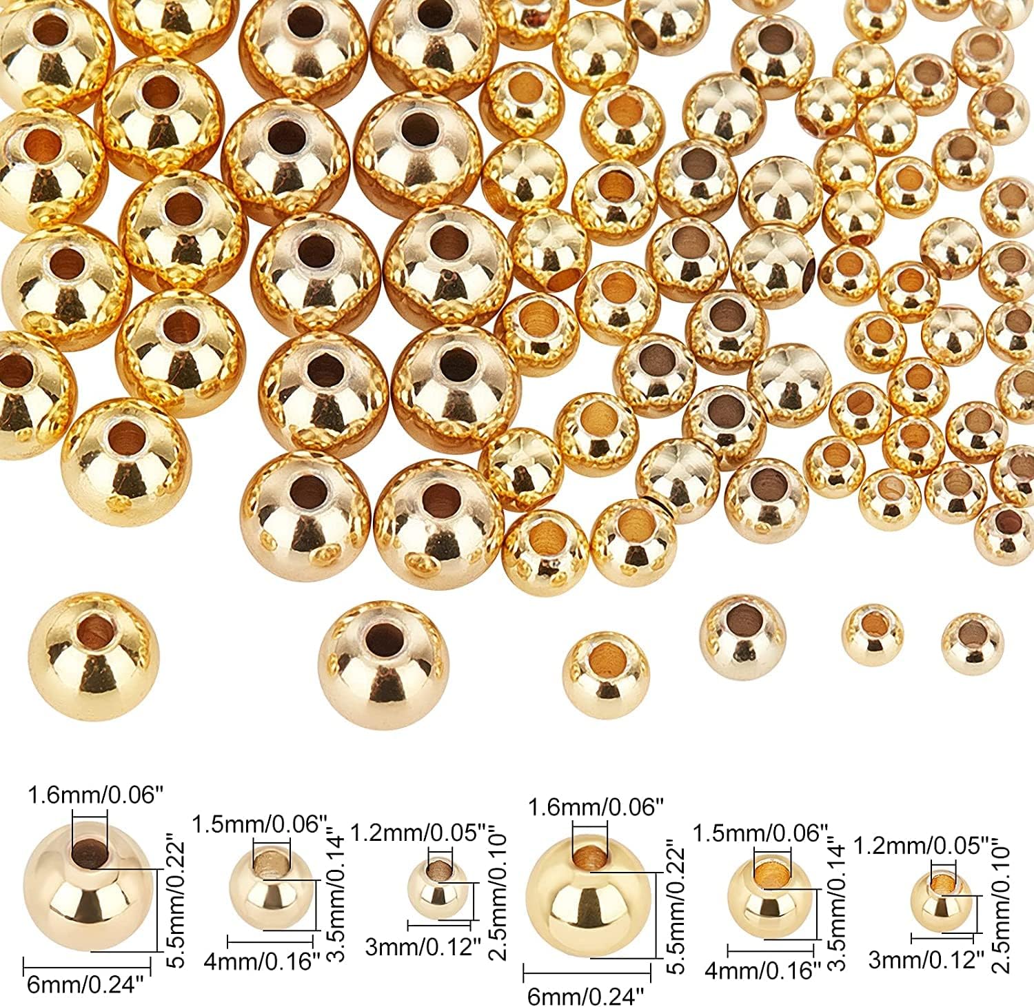 180 stk. 18k forgyldte perler , 3mm 4mm 6mm armbåndsperler glatte metalafstandsperler sømløse guldkugle messing små perler: Hvid