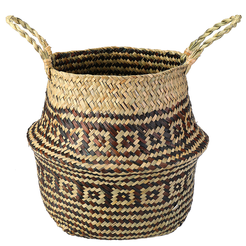 Cesta de almacenamiento tejida para algas, Cestas colgantes de mimbre para plantas, florero de jardín, maceta plegable con asa y bola pequeña: Black / L 32x28cm