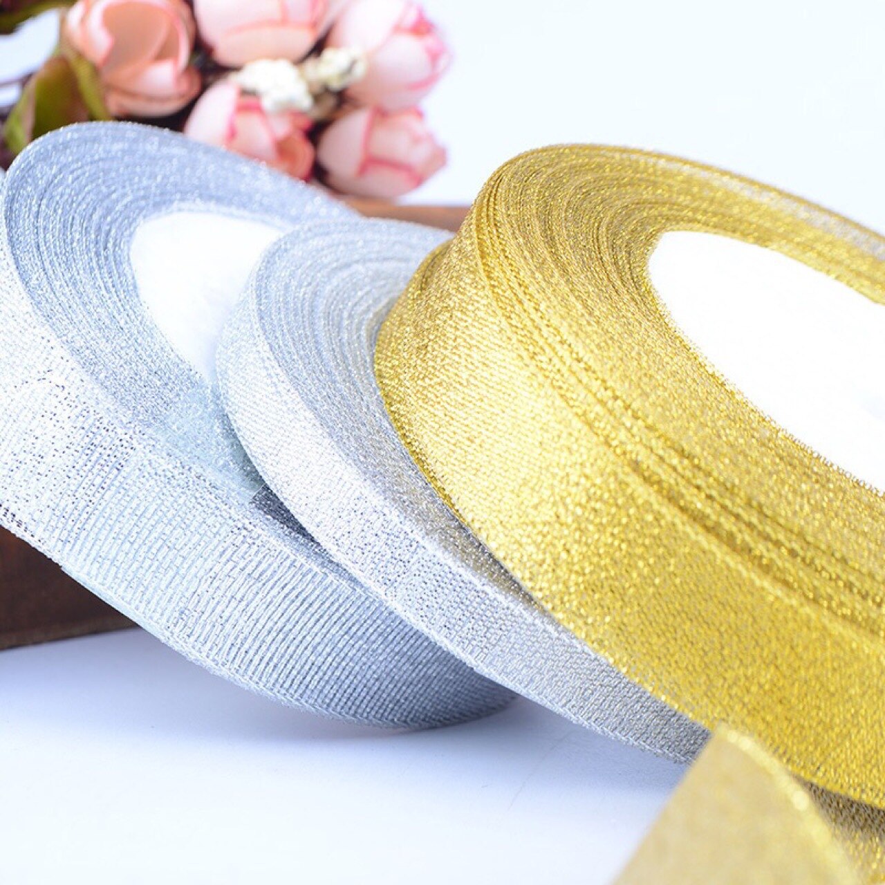 25Yards 6Mm Goud/Zilver Glitter Linten Diy Kunstzijde Rozen Ambachten Levert Handgemaakte Naaien Accessoires Festival Levert