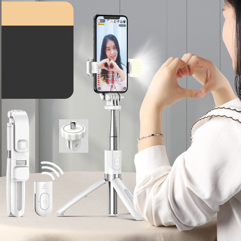 Palo Selfie con trípode y luz Led para teléfono móvil, soporte para móvil, monopié, cardán, estabilizador, Cámara de Acción y foto: Style A White LED