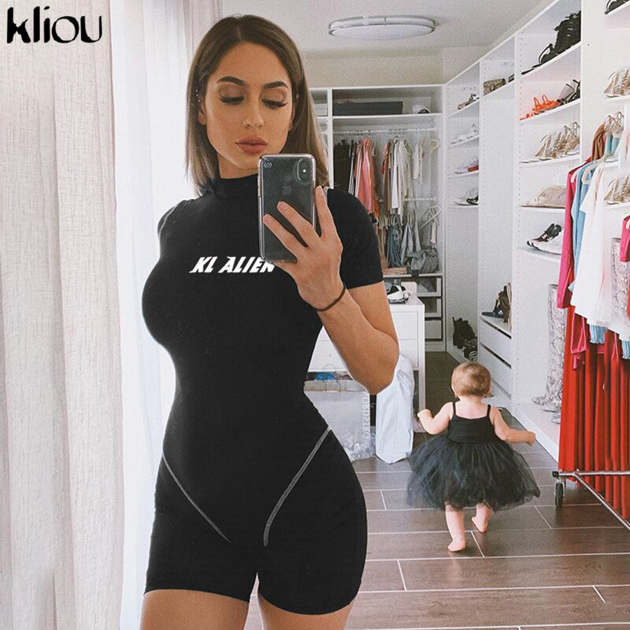 Kliou kvinder skinny bodysuit kortærmet playsuit reflekterende bogstavprint rompers kvindelige rullekrave casual bodysuit