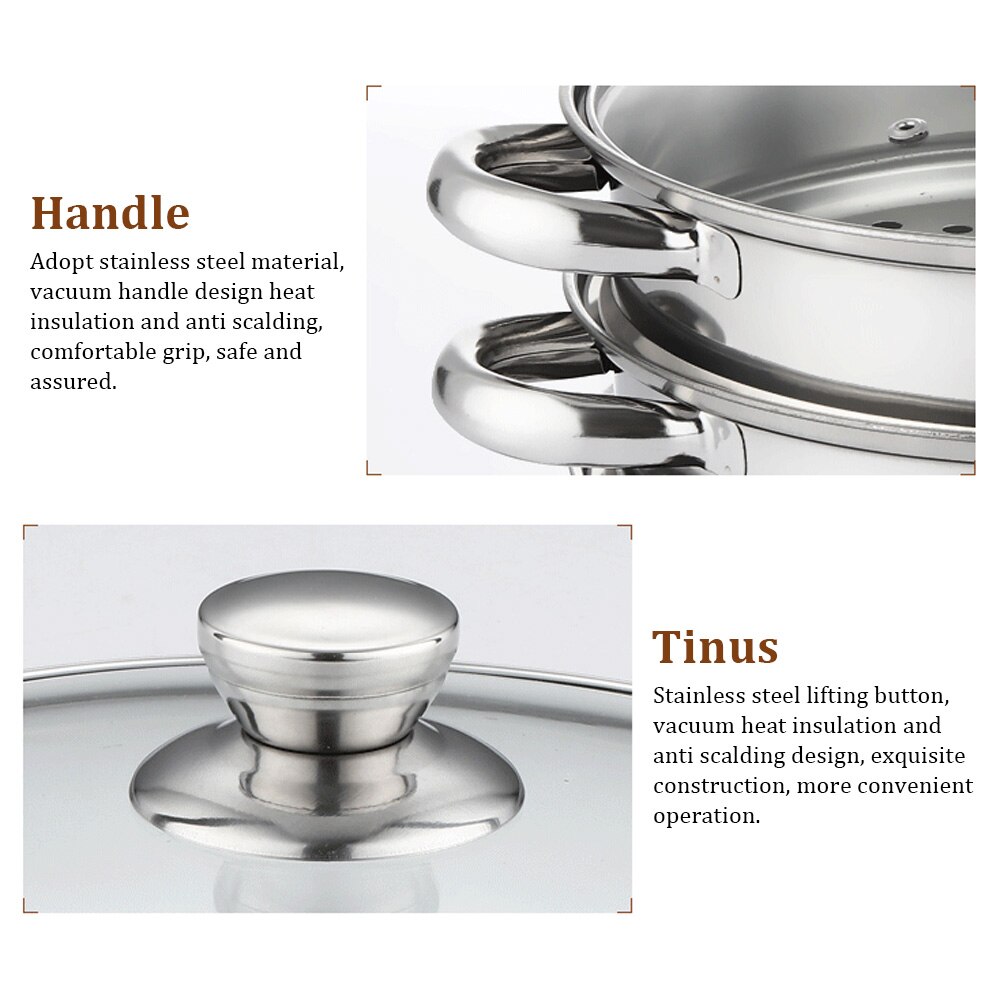 Casserole pour cuiseur vapeur grande taille 28cm, 3 niveaux, facile à nettoyer, couvercle visuel, batterie de cuisine, double usage, acier inoxydable, gain de place à la maison avec poignées