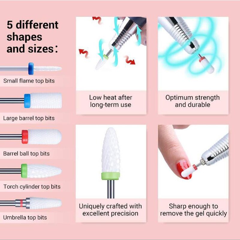 5PCS Drill Bit Nail Ceramic Drill Bit Set Nail Sander Tip Nails Cutter Tips Ceramic Milling Cutter Nails Bits Sets Manicure Tool