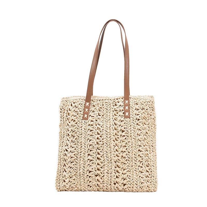 Square Hollow Straw Beach Bag Handmade Woven Shoulder Bag Raffia Rattan Shopping Travel Bag Bohemian Summer Vacation Casual Tote: Beige