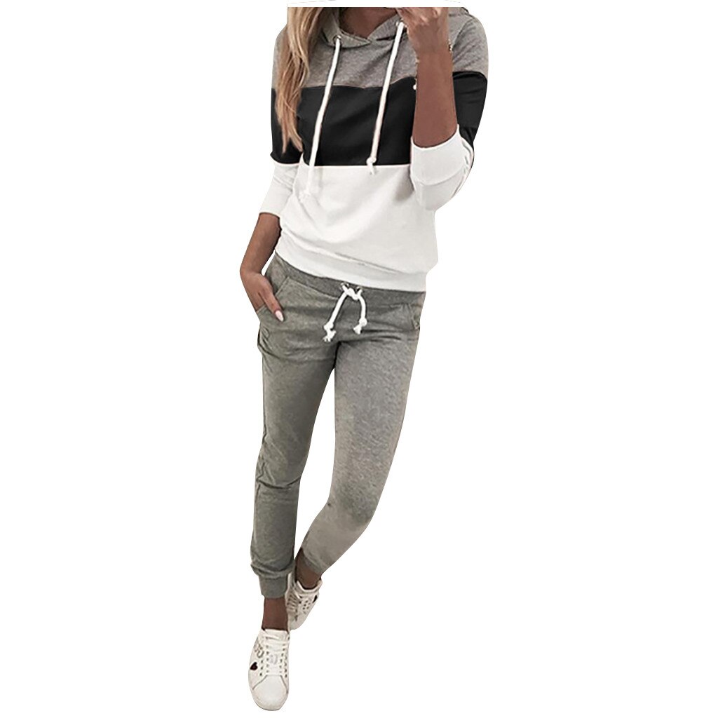 Femmes Sweat À Capuche Patchwork Empoché Haut À Manches Longues Longue Pantalon Combishort Haut À Capuche + pantalon de Survêtement Tenues Sportswear: Black / S