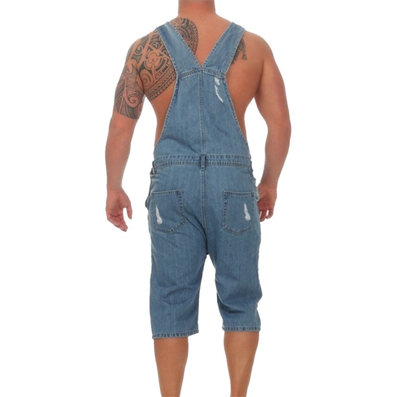 Ripped High Waisted Denim Overall Shorts for Men Distressed Bib Overall Jean Shorts Suspender Pants Plus Size