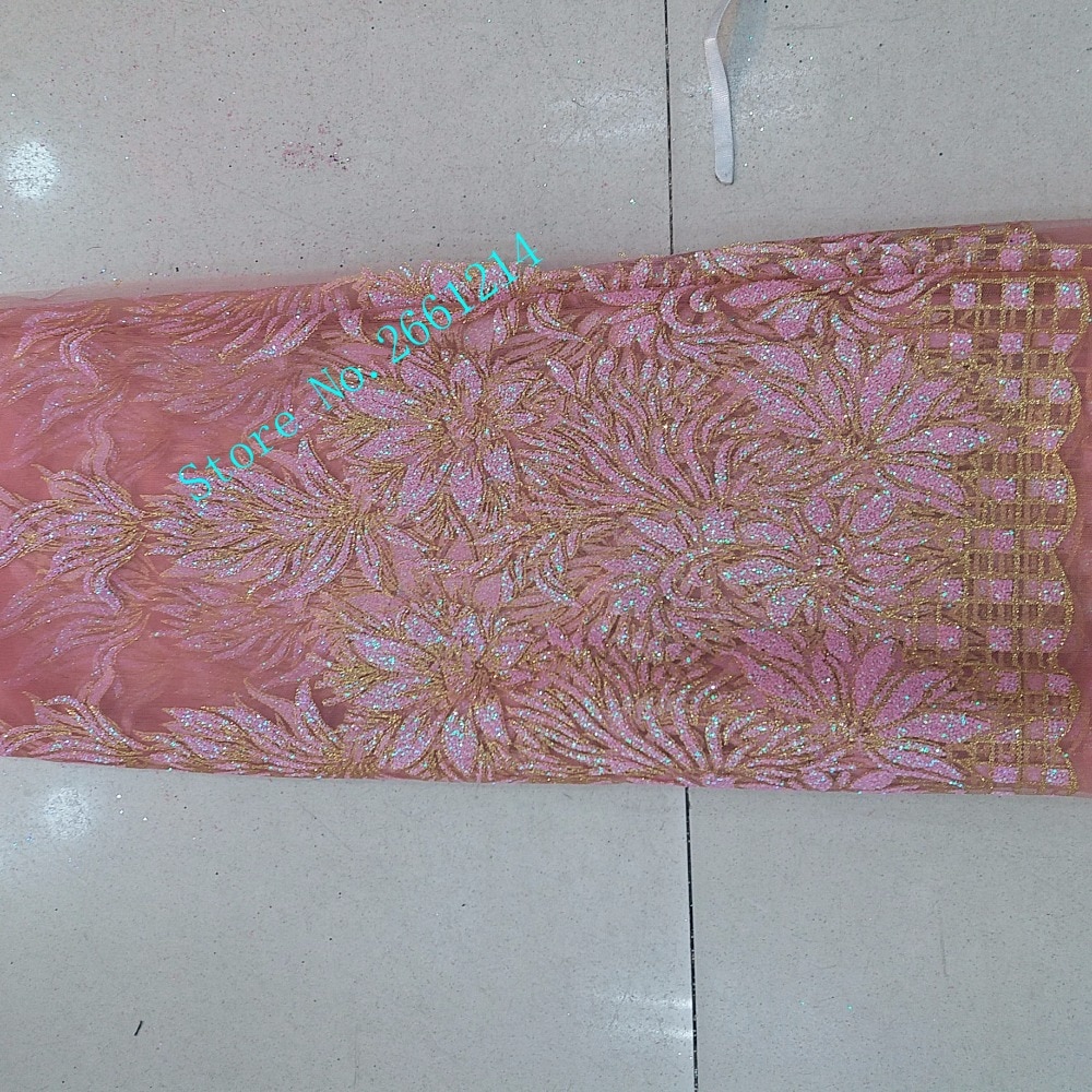 5yards BZL-19316 pink gold glued print glitter african india tulle mesh fabric for sawing/party dress