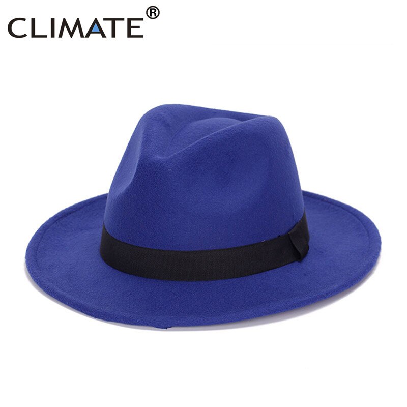 Climat femmes Jazz Fedora Cowboy chapeau dames Jazz chapeaux pour femme homme Fedoras casquette Polyester laine chapeau Cowboy Fedora: Blue