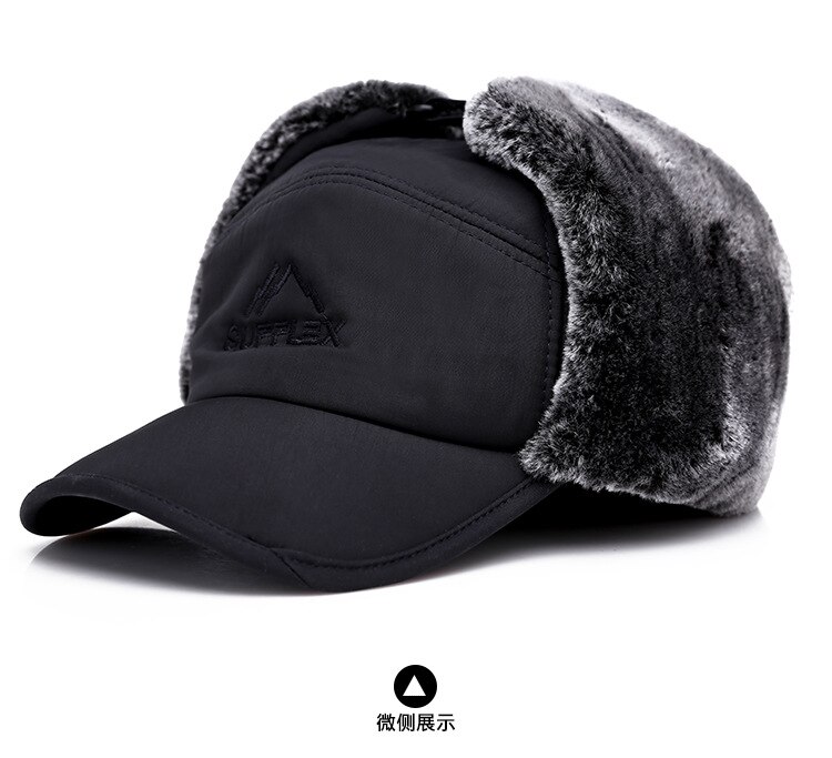 HAIGE009 Dikke Bont Pluche Oorklep Baseball Caps Outdoor Aged Oudere mannen Casual Winter Warm Hoeden Man Gorros Bommenwerper Hoed: Black