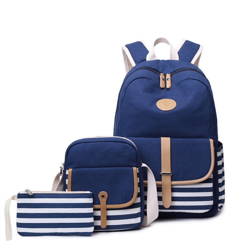 3 stks/set Canvas Fringe Vrouwen Rugzak Student Boek Tas met Portemonnee Laptop College Rugzak Vrouwelijke Schooltas voor Tiener Meisjes: Blauw