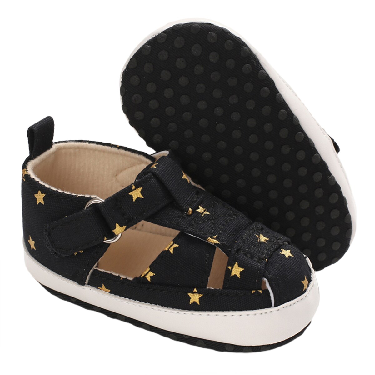 Zomer baby jongens sandalen baby ster patroon bedekt tenen zachte zool schoenen peuters binnen antislip prewalker: Zwart / 0-6 maanden