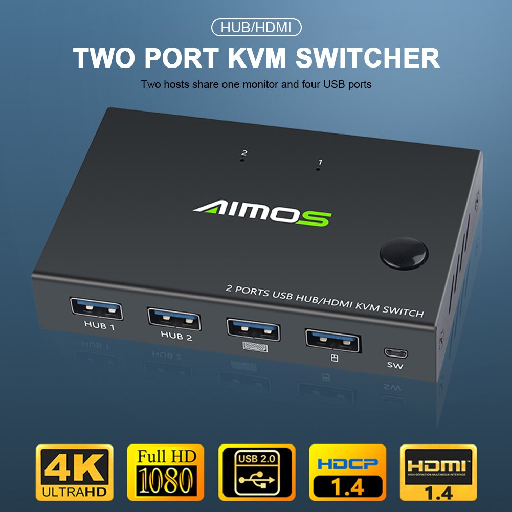 Hdmi Kvm Switch 2 In 1 Out, 4K @ 30Hz Met USB2.0 Hub Voor Pc Monitor, Projector, Toetsenbord, Muis