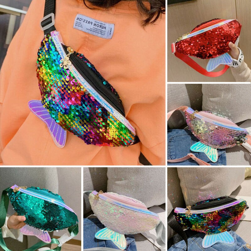 Kids Girls Sequined Waist packs Single Shoulder Bag Chest Bags Girls Cute Fishtail Waist Bags Fanncy packs