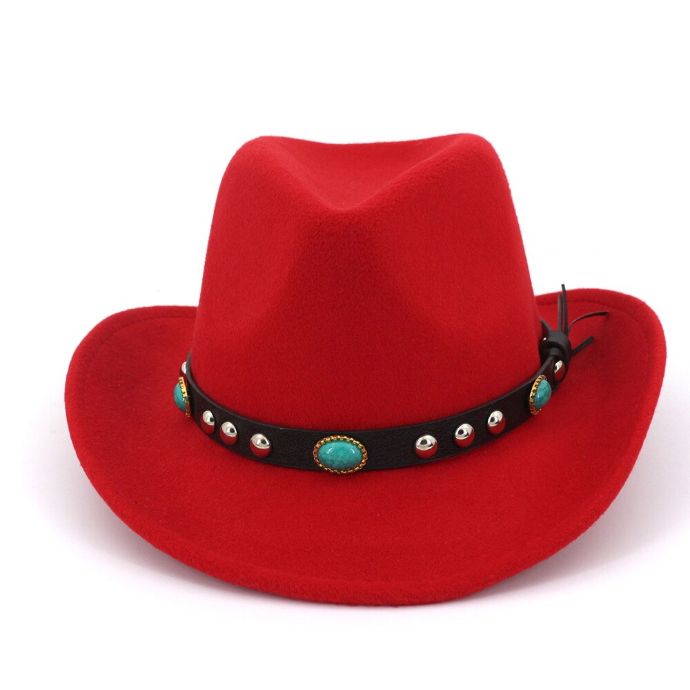 Men Women Wool Western Cowboy Hat With Punk Belt Sombrero Hombre Wide Brim Jazz Hat: Red