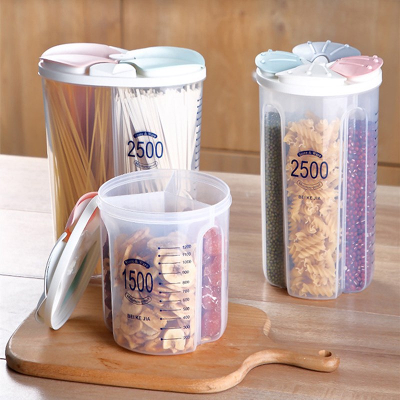 4 gitter plast kjøkken frokostblanding dispenser oppbevaringsboks roterende tørr matte ris beholder oppbevaringsboks mel korn oppbevaring flaske krukke