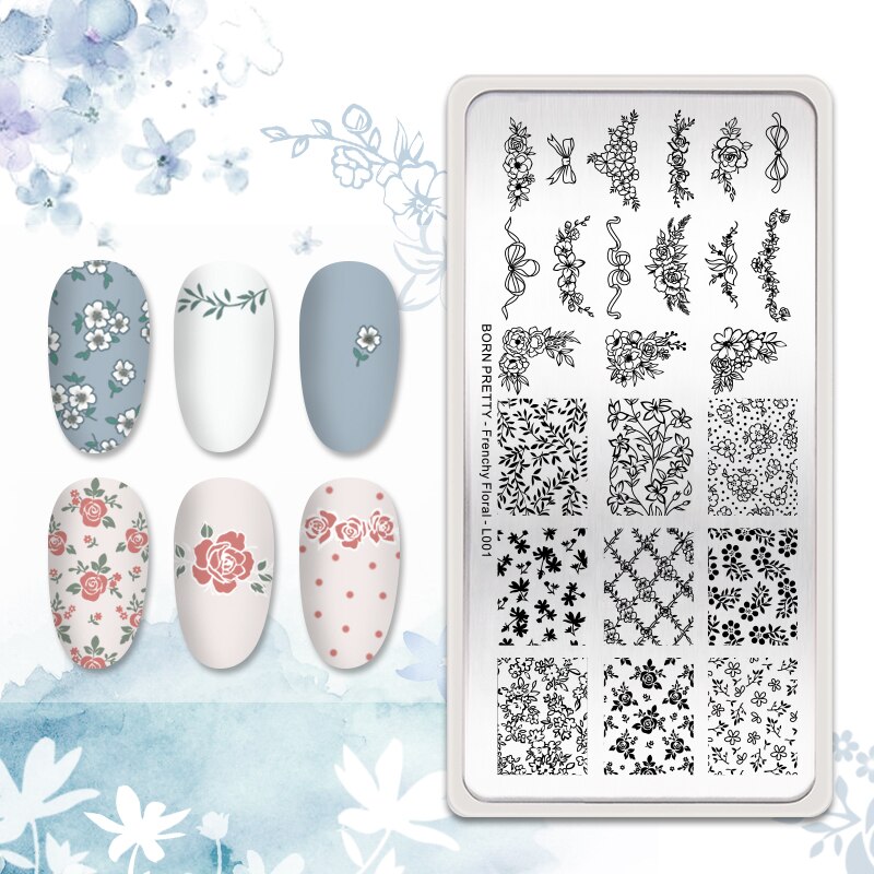 Født smuk nail art stempel skabelon blomst blonder geometri billeder stål nail art stencil blomstertema manicuring