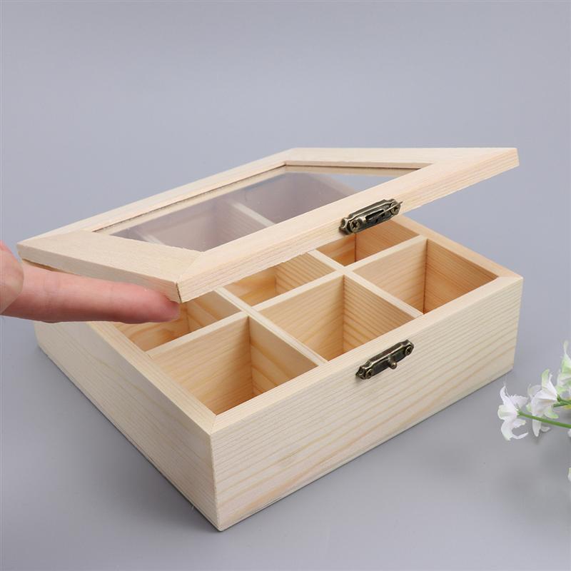 Coffee Storage Box Organizer Wooden Tea Box with 9-Compartment and Glass Window Tea Coffee Display Case Tea Bag Chest No Letters