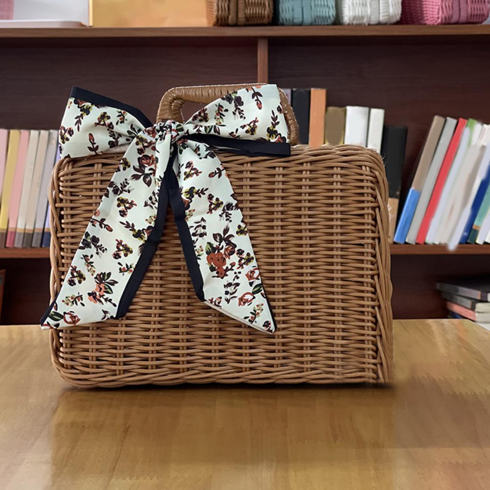 Retro Rattan Box with Silk Scarf Handmade Woven Rattan Handbag Storage Box Picnic Laundry Baskets Home Storage Case Box