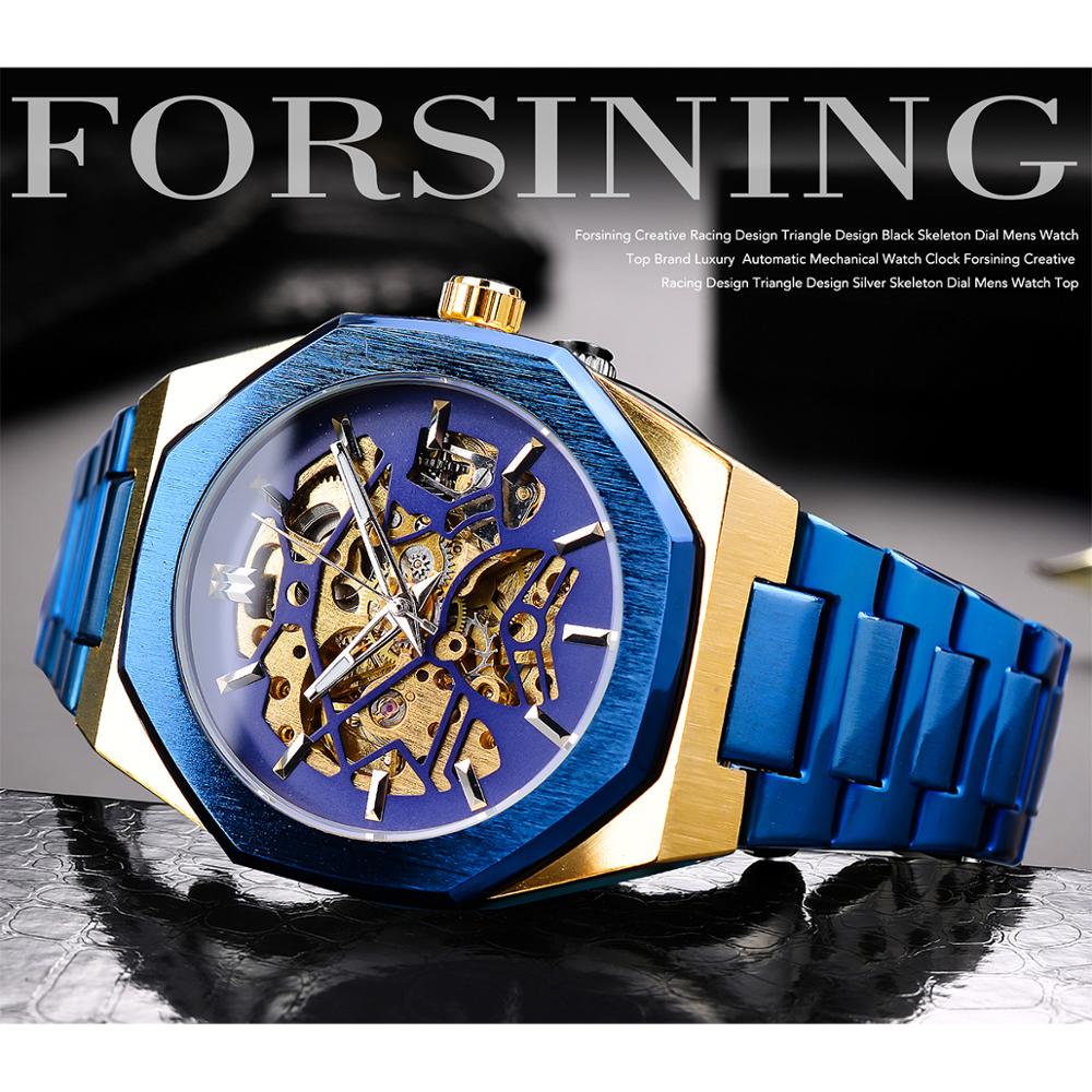 Forsining Mechanische Mens Horloges Automatische Mannelijke Klok Blauw Rvs Waterdichte Business Skeleton Erkek Kol Saati