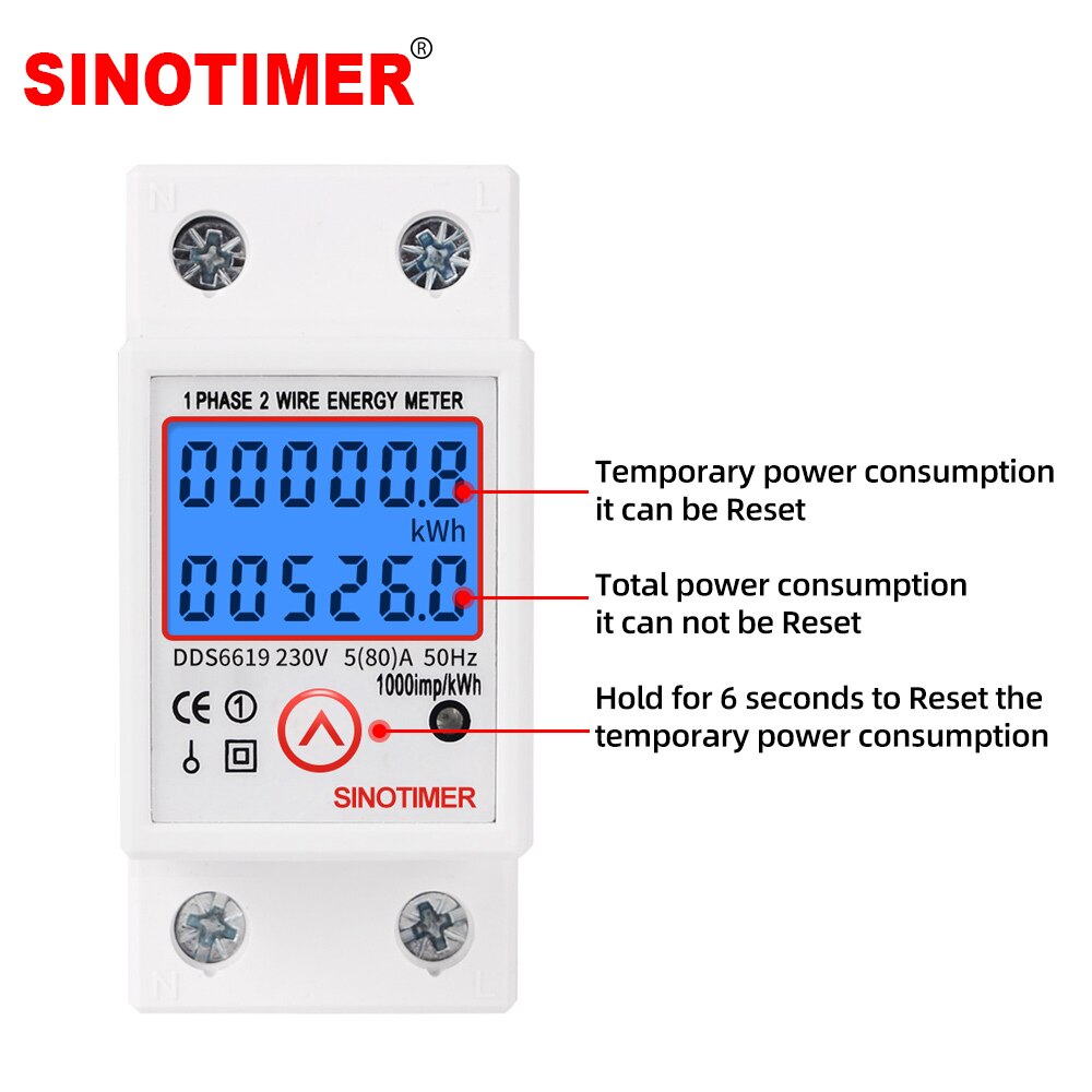 230V 80A Home Usage Single Phase LCD Backlight Wattmeter DIN Rail Power Consumption Meter Voltage Amp meter with Reset Function