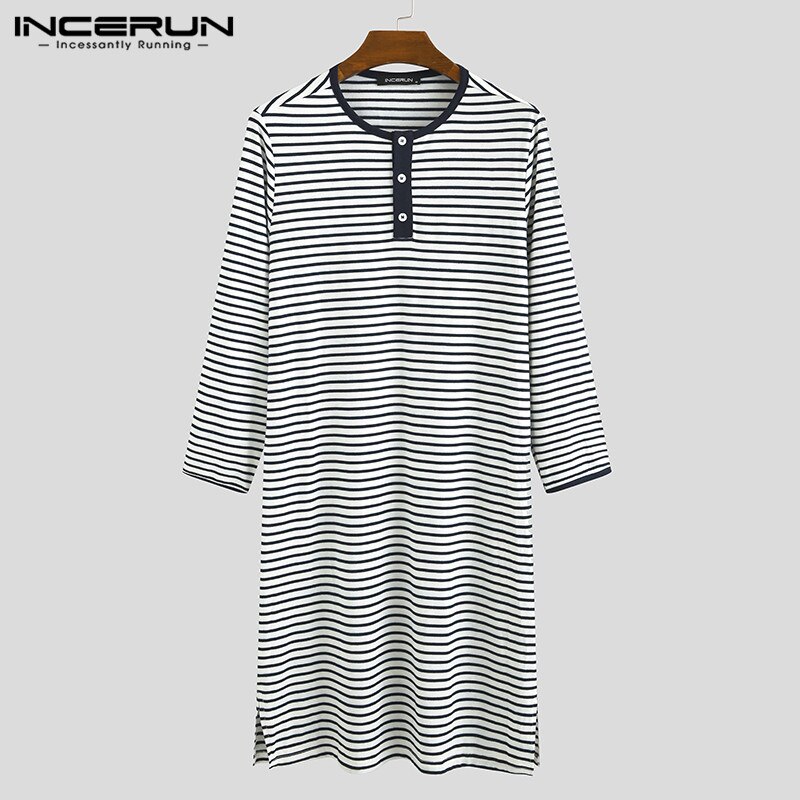 INCERUN Men Striped Sleep Tops Long Sleeve Round Neck Loose Nightgrown Casual Comfortable Sleepwear Men Homewear Nightclothes