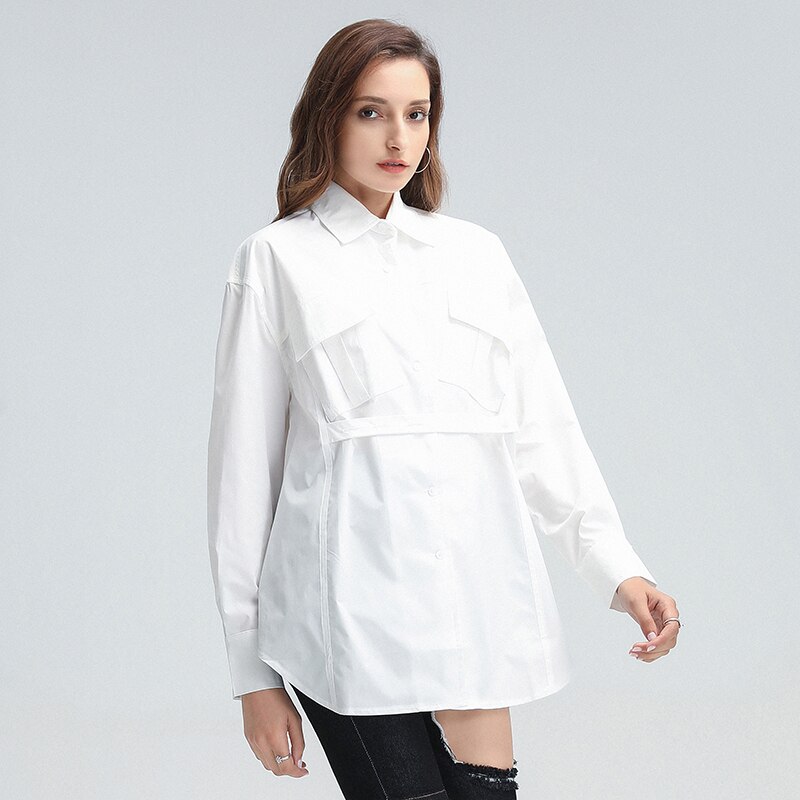 TWOTWINSTYLE Casual Loose Shirt For Women Lapel Long Sleeve Lace Up Patchwork Shirts Female Clothing Autumn