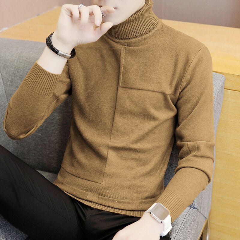 Tröja med turtleneck botten för män enfärgad business casual stickad tröja snygg slimmad lätt match tröja herr cool: Kaki / M