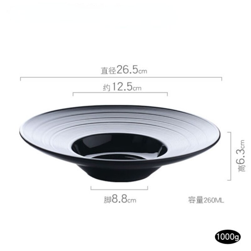 French Straw Hat Plate Ceramic Soup Plate Kitchen Retro Cold Dishes Dessert Pasta Salad Plate Brushed Matte Black Disc: 10.5 inches
