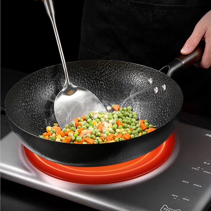 Wok Pan, Stir Fry Pan Flat Bottom Pan,Cast Iron Wok for Electric Stove, Induction Cooker and Gas Stove