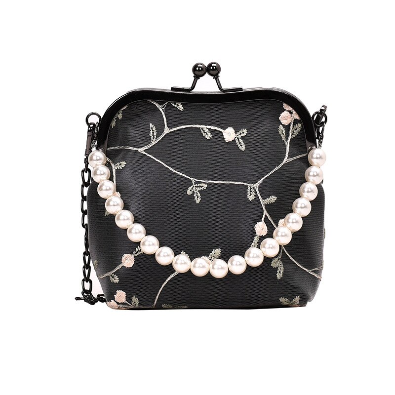 Groothandel dames handtas messenger bags schelpentas kleine tas vrouwelijke bloemen zomer handtas parelketting schoudertas messenger bag: Zwart
