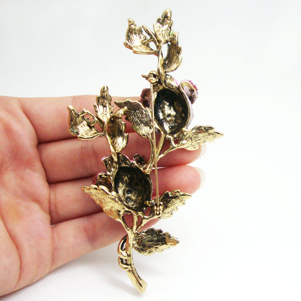 Pink Flower Rose Woman Brooch Pin Rhinestone Crystal Gold-Tone