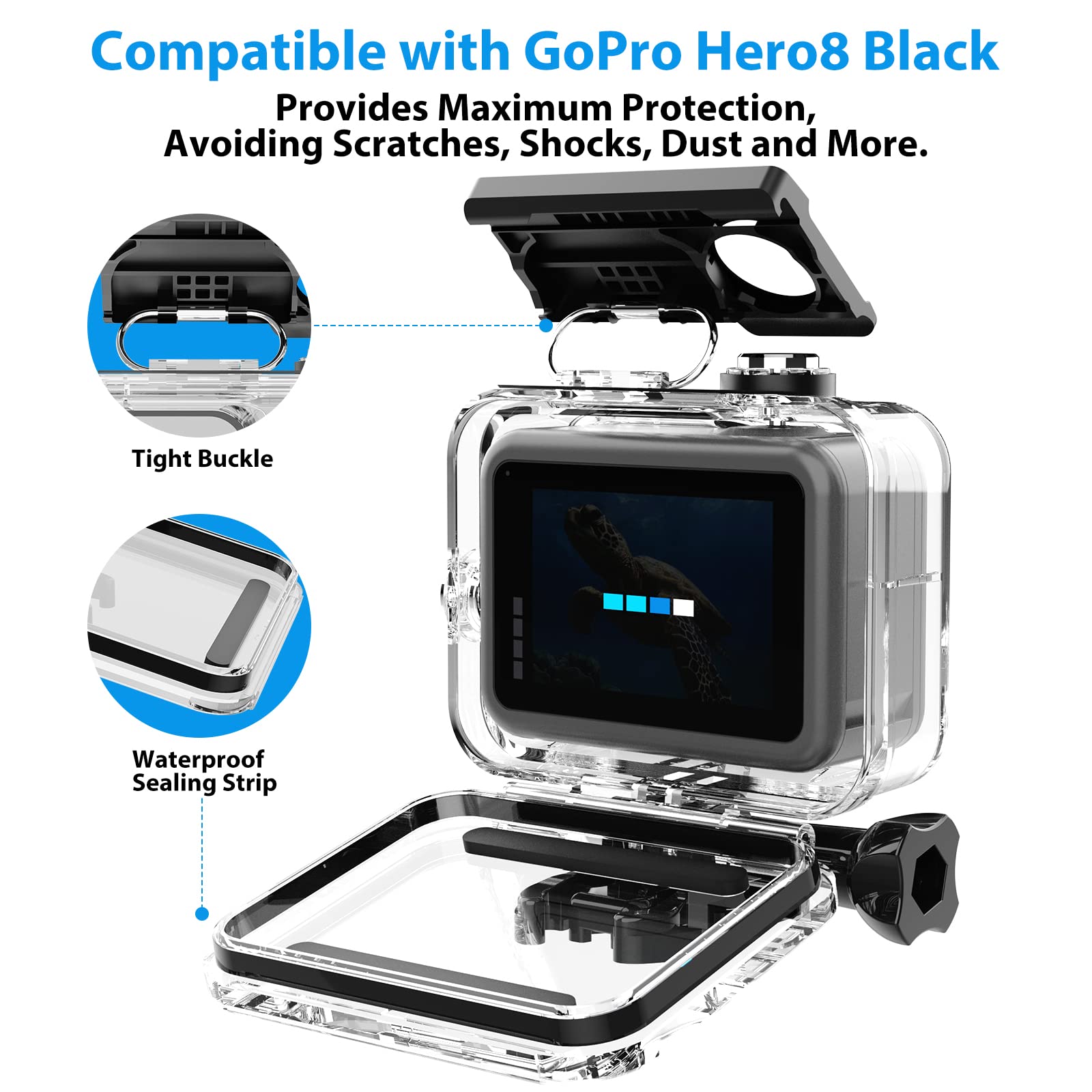 För gopro hero 8 vattentätt fodral dykning undervattenshölje skydd för gopro 8 svart fodral skal filter actionkamera tillbehör