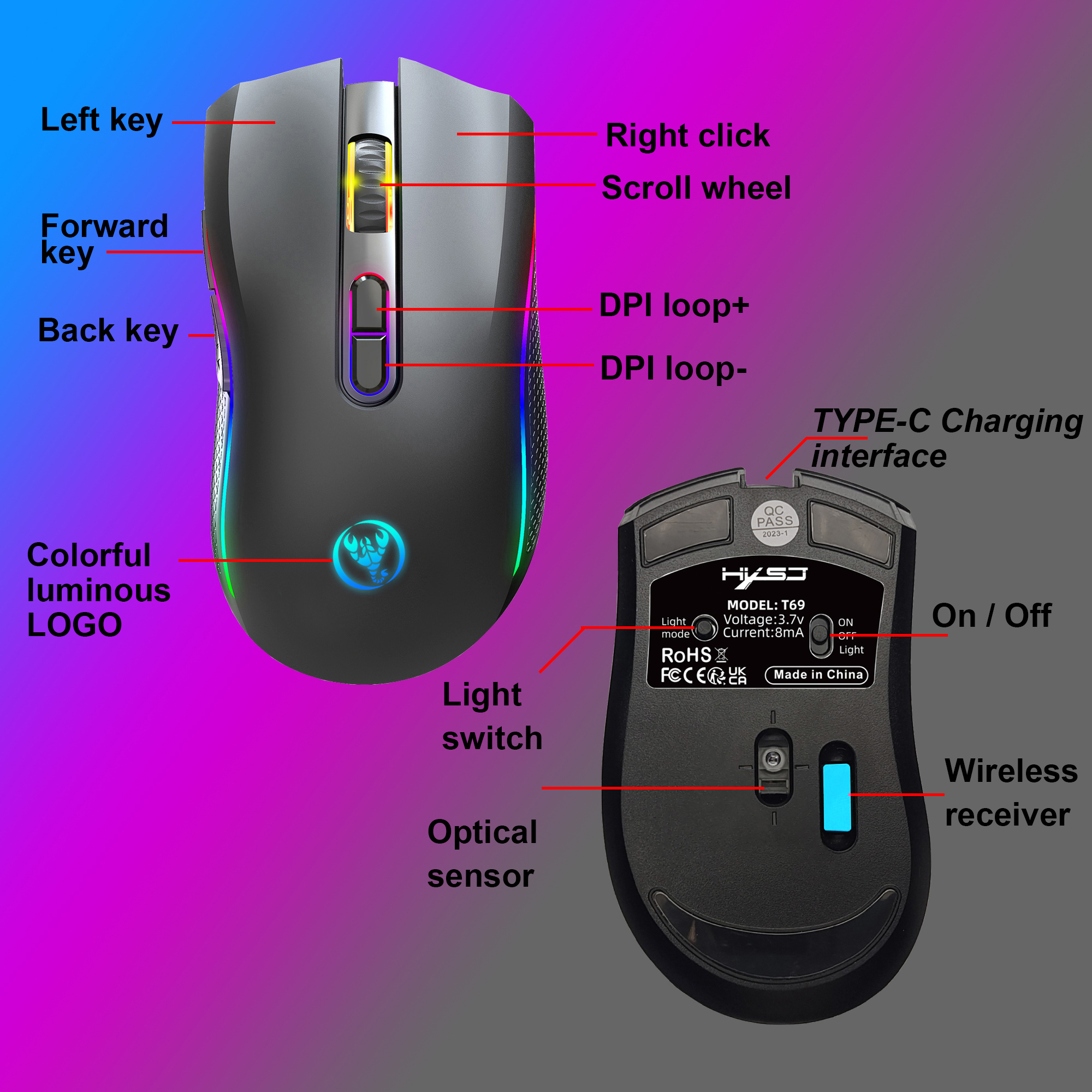 Rechargeable 2.4G Wireless RGB Gaming Mouse Ergonomic Gaming Backlit Mice for Laptop PC