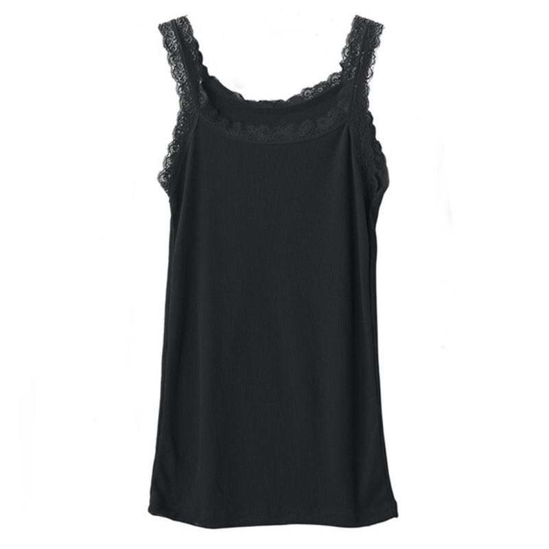 Vrouwen Zomer Mouwloze Tank Solid Candy Kleur Basic Hemdje Bloemen Kant Trim Geribbelde Gebreide Casual Ondergoed Slanke Vest: Black
