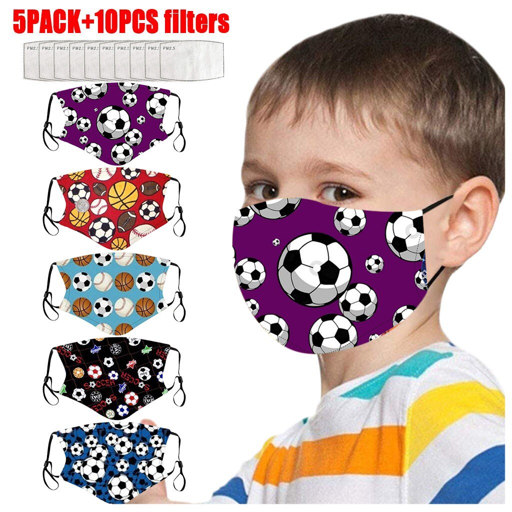 5Pcs Ski Fasemask Kids With 10Pcs Filter Reusable Football Print Breathable Mascarillas Cotton Washable Maskes Balaclava Cap Hat: C