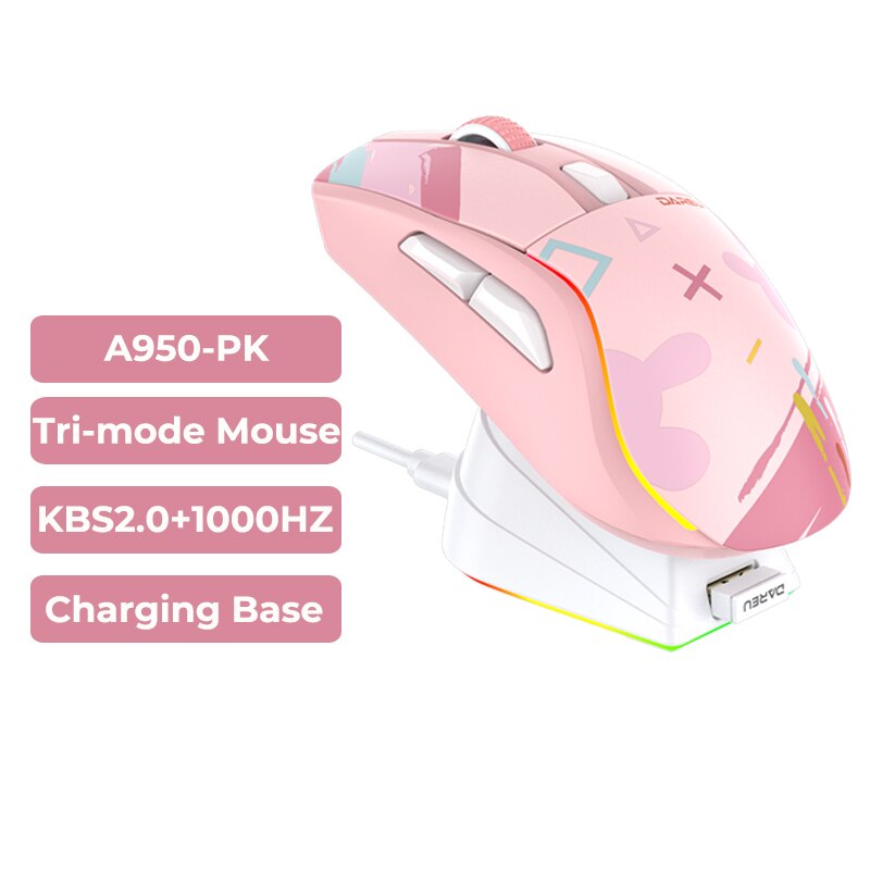 DAREU PC Gaming Muis Tri-mode Connect Bluetooth Bedraad 2.4G Draadloze Muizen met Oplaadstation KBS Knoppen Muis voor Laptop Gamer: Roze