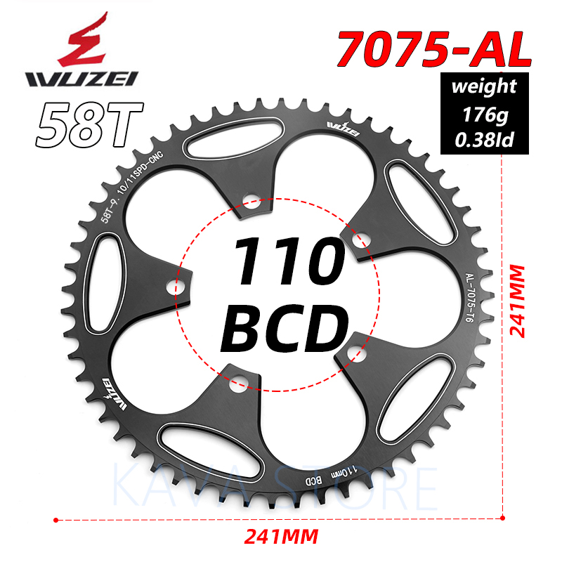 WUZEI Road Bike Chainwheel Folding 110/130 BCD Round Narrow Wide Sprockets 50/52/54/56/58/60T AL7075 Bicycle Chainring: 110 BCD 58T black