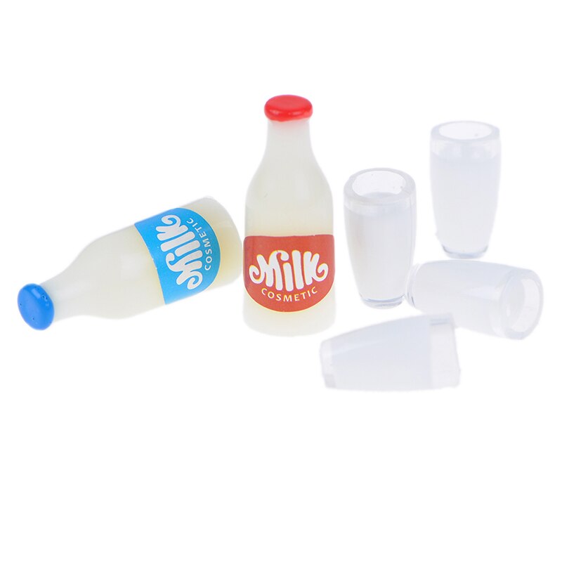 2 Stuks Melk Flessen + 4 Stuks Melk Cup Ontbijt Poppenhuis Keuken Accessoires 1:12 Miniatuur Voedsel